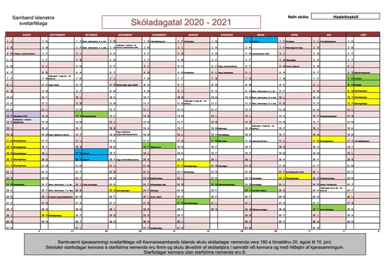Skóladagatal 2020 - 2021