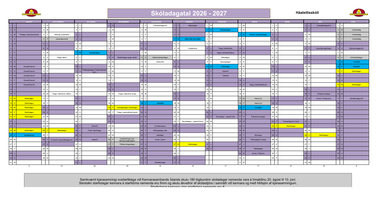 Skóladagatal Háaleitisskóla 2026–2027